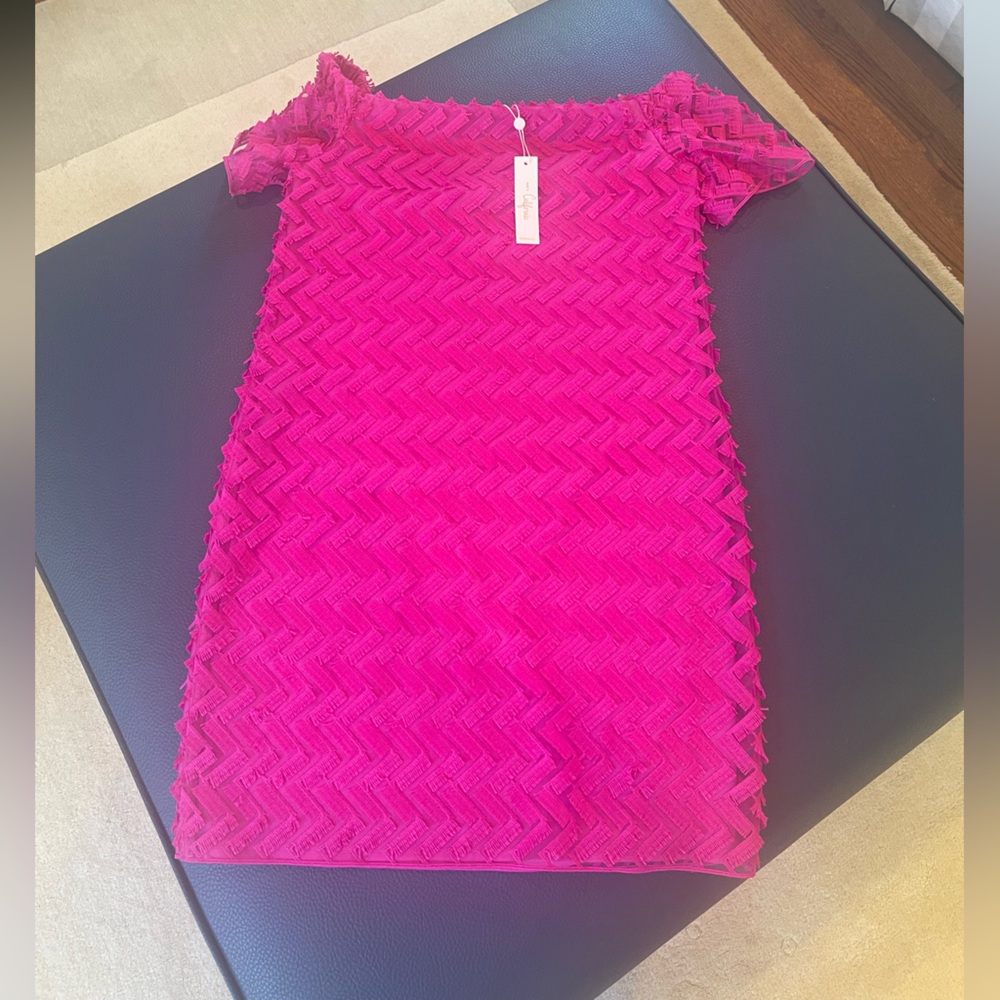 Trina Turk Seaway Eyelash Zigzag Off Shoulder/ Hot Pink Dress Size 2 NWT - Picture 11 of 14